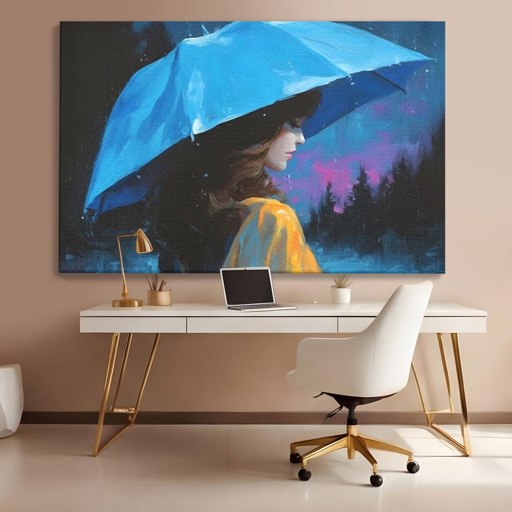 Tablou canvas cu pictura cu femeie sub umbrela albastra, fara rama, pe sasiu de lemn, pe perete intr-un birou